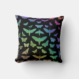 Vintage colourful butterflies moths insects black cushion