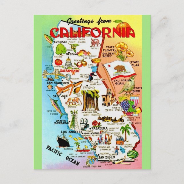 Vintage Colourful California Map  Postcard (Front)