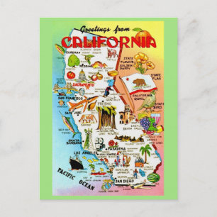 Vintage Colourful California Map  Postcard