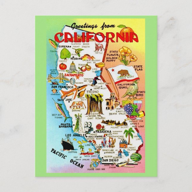 Vintage Colourful California Map  Postcard (Front)