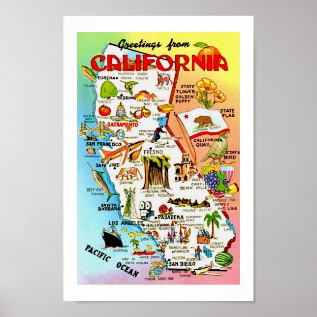 Vintage Colourful California Map Print (Front)