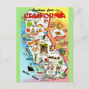 Vintage Colourful California Map Print Postcard