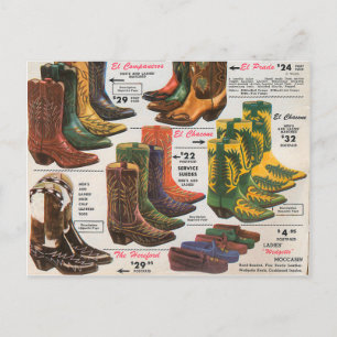 Vintage Colourful Cowboy Boots & Moccasins Postcard