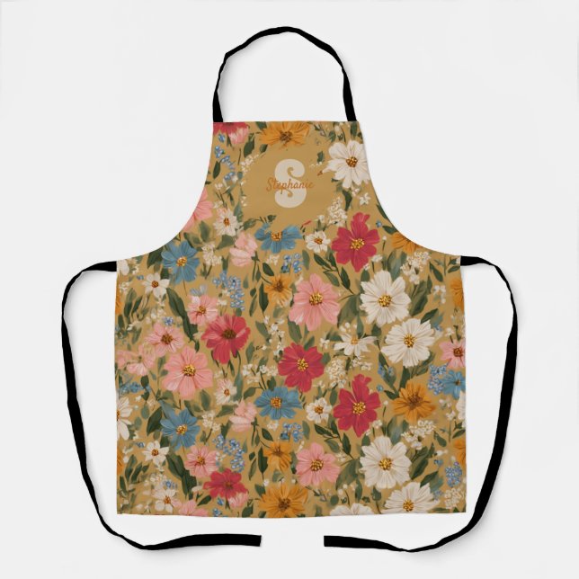 Vintage Colourful Daisy Pattern - Mustard Apron (Front)