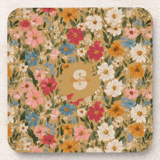 Vintage Colourful Daisy Pattern - Mustard Coaster (Front)