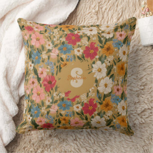 Vintage Colourful Daisy Pattern - Mustard Cushion