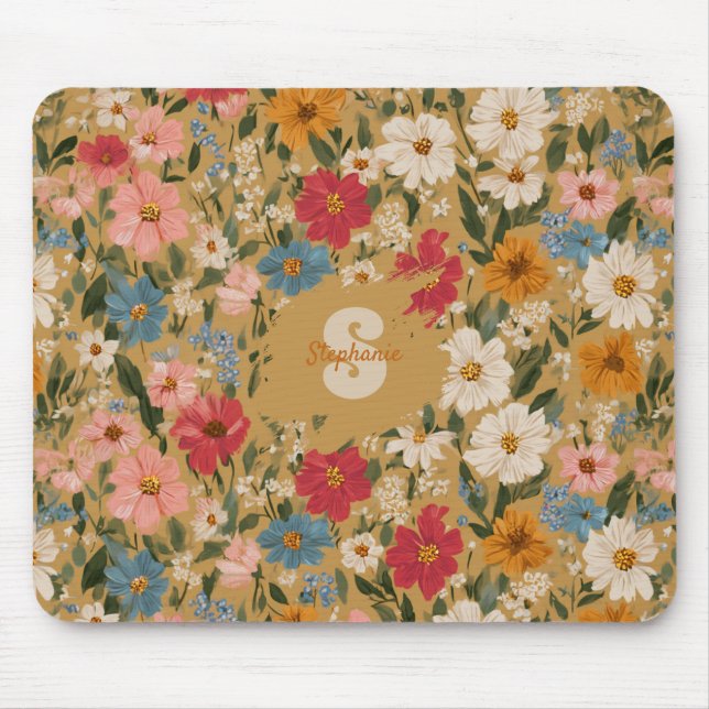 Vintage Colourful Daisy Pattern - Mustard Mouse Pad (Front)