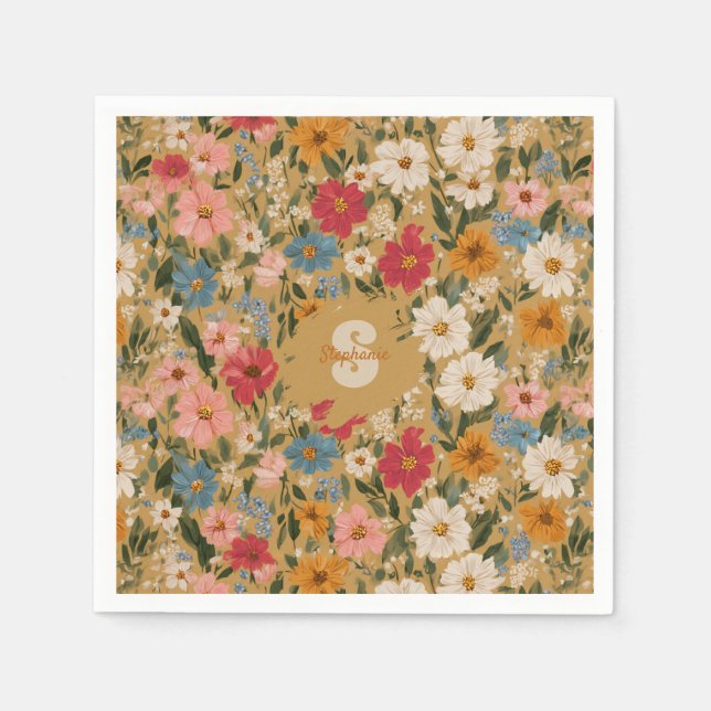 Vintage Colourful Daisy Pattern - Mustard Napkin (Front)