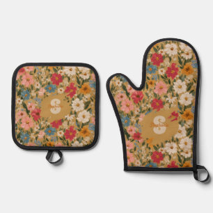 Vintage Colourful Daisy Pattern - Mustard Oven Mitt & Pot Holder Set