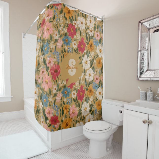 Vintage Colourful Daisy Pattern - Mustard Shower Curtain (In Situ)