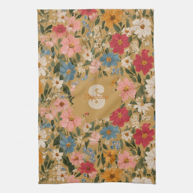 Vintage Colourful Daisy Pattern - Mustard Tea Towel (Vertical)