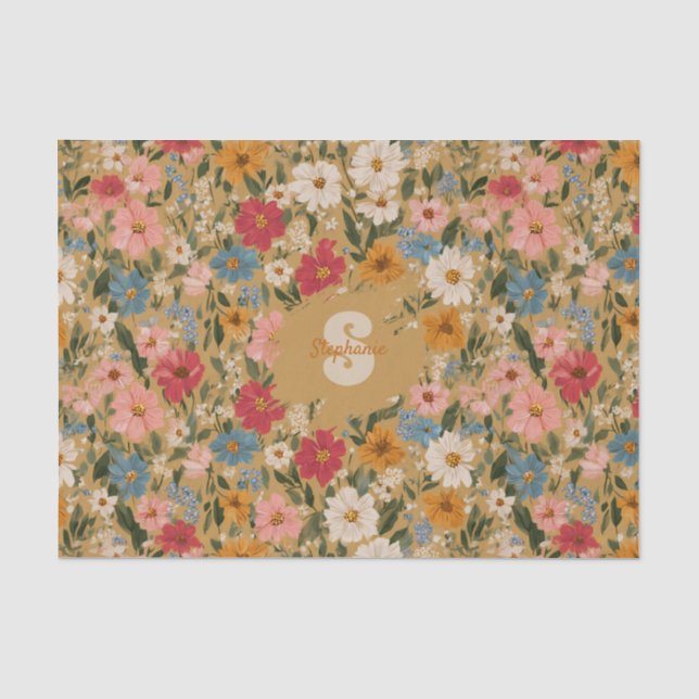 Vintage Colourful Daisy Pattern - Mustard Tissue Paper (Front)