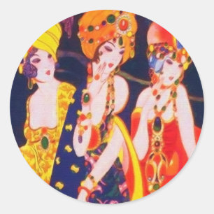 Vintage Colourful Deco Women with Jewellery Classic Round Sticker