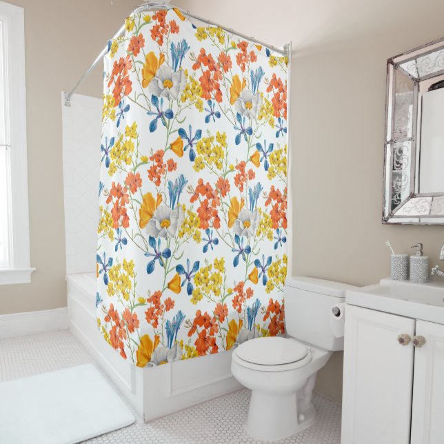 Vintage Colourful Flowers Pattern Shower Curtain (In Situ)