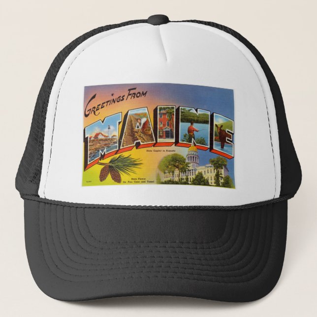 Vintage Colourful Greetings From Maine Trucker Hat (Front)