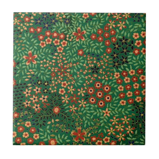Vintage Colourful Japanese Floral Pattern Ceramic Tile (Front)