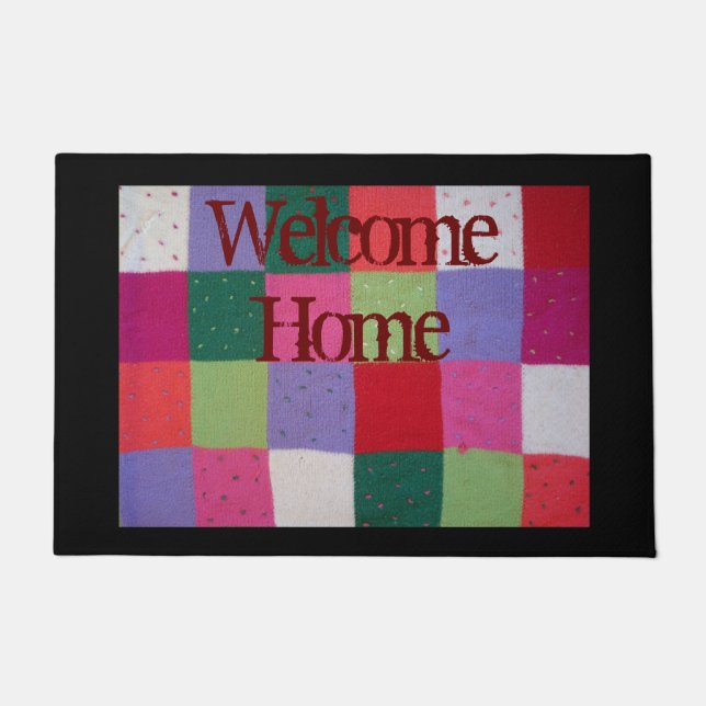 vintage colourful knitted patchwork squares doormat (Front)