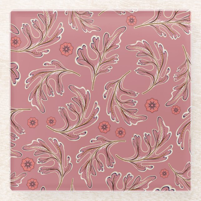 Vintage Colourful Leaves Seamless Pattern Glass Coaster (Front)