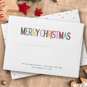 Vintage Colourful Merry Christmas Cute Retro Stars Envelope