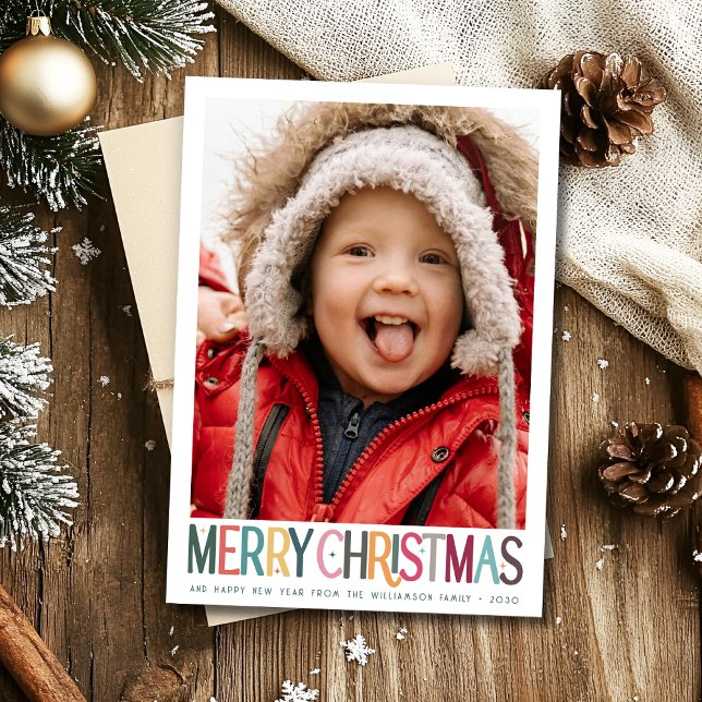 Vintage Colourful Merry Christmas Cute Stars Photo Card (Creator Uploaded)