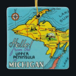 Vintage Colourful Michigan Map  Ceramic Ornament<br><div class="desc">Terrific colourful map of Michigan,  Lake Superior and Lake Michigan on an ornament. It makes a wonderful gift for a host,  for your tree or as a stocking stuffer!</div>