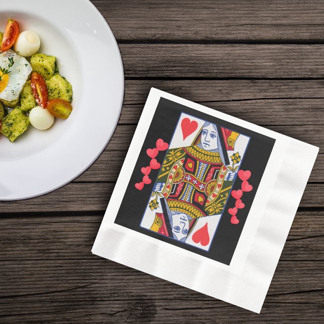 Vintage Colourful Ornate Queen With Hearts Napkin (Playing card with heart ornate queen on black with red hearts on lunch napkin.)
