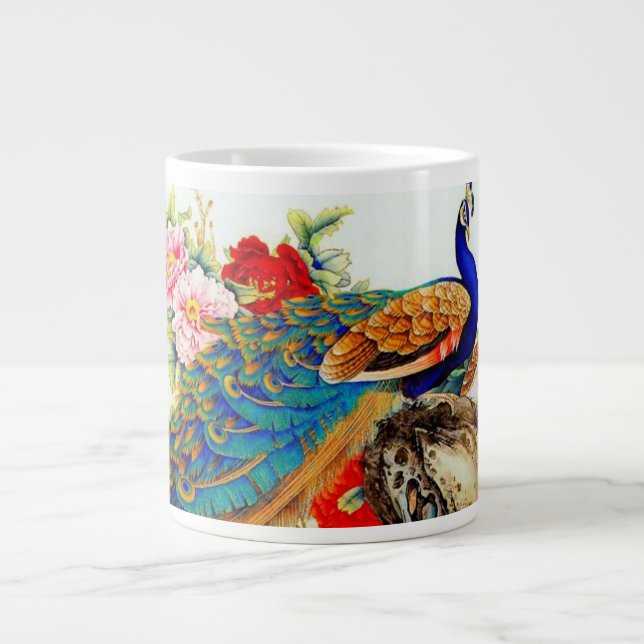 Vintage Colourful Peacocks Large Coffee Mug (Front)