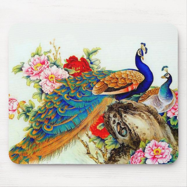 Vintage Colourful Peacocks Mouse Pad (Front)