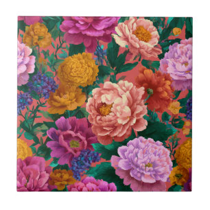 Vintage Colourful Peony Pattern Ceramic Tile