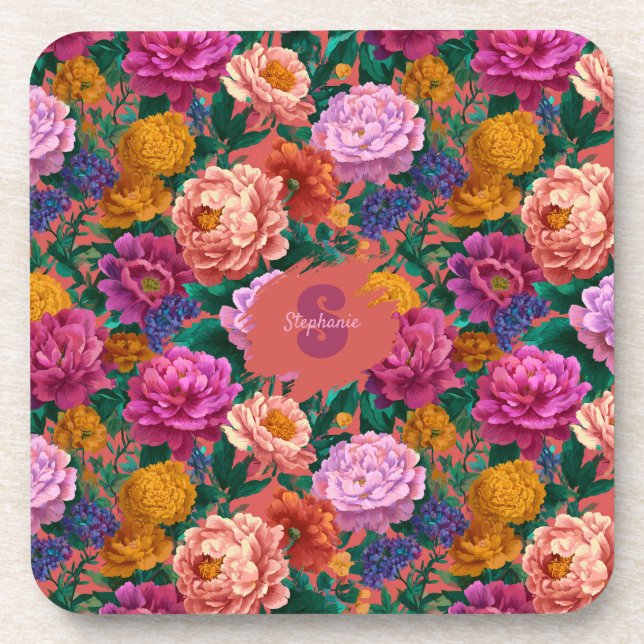 Vintage Colourful Peony Pattern Coaster (Front)