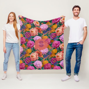 Vintage Colourful Peony Pattern Fleece Blanket