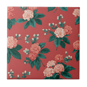 Vintage Colourful Peony Pattern - Maroon Backgroun Ceramic Tile