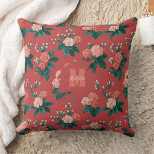 Vintage Colourful Peony Pattern - Maroon Backgroun Cushion