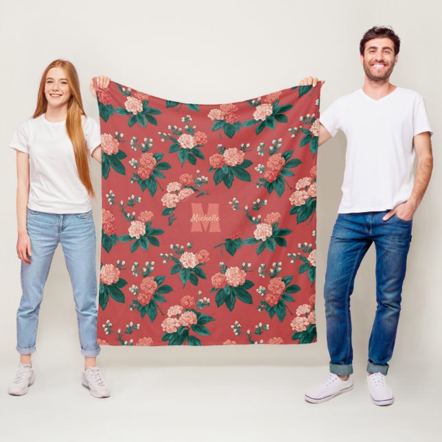 Vintage Colourful Peony Pattern - Maroon Backgroun Fleece Blanket (In Situ)