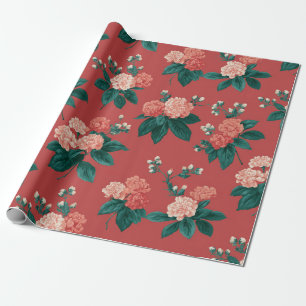 Vintage Colourful Peony Pattern - Maroon Backgroun Wrapping Paper