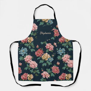 Vintage Colourful Peony Pattern on Black Backgroun Apron