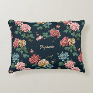 Vintage Colourful Peony Pattern on Black Backgroun Decorative Cushion