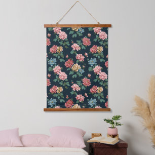 Vintage Colourful Peony Pattern on Black Backgroun Hanging Tapestry