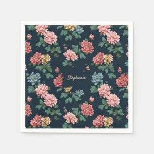 Vintage Colourful Peony Pattern on Black Backgroun Napkin