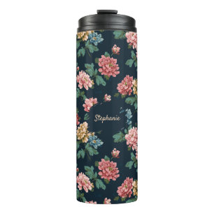 Vintage Colourful Peony Pattern on Black Backgroun Thermal Tumbler
