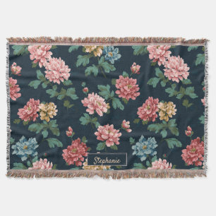 Vintage Colourful Peony Pattern on Black Backgroun Throw Blanket