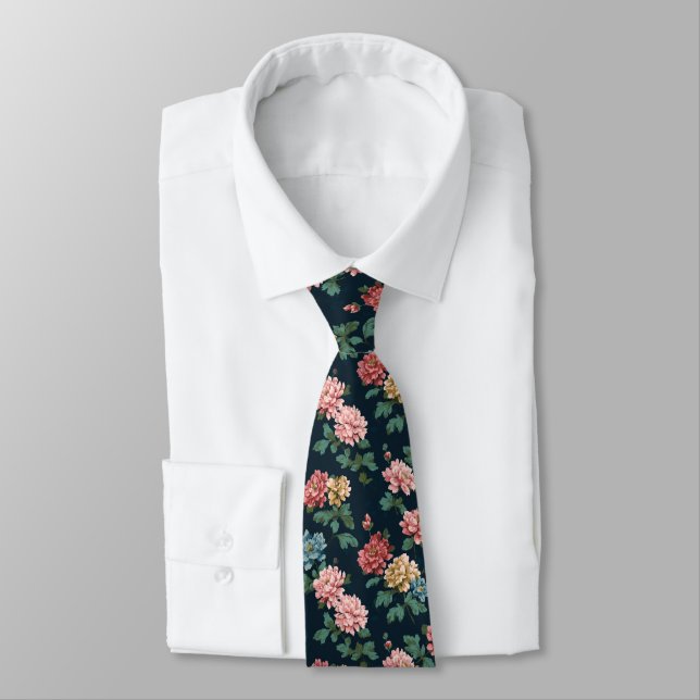Vintage Colourful Peony Pattern on Black Backgroun Tie (Tied)
