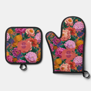 Vintage Colourful Peony Pattern Oven Mitt & Pot Holder Set