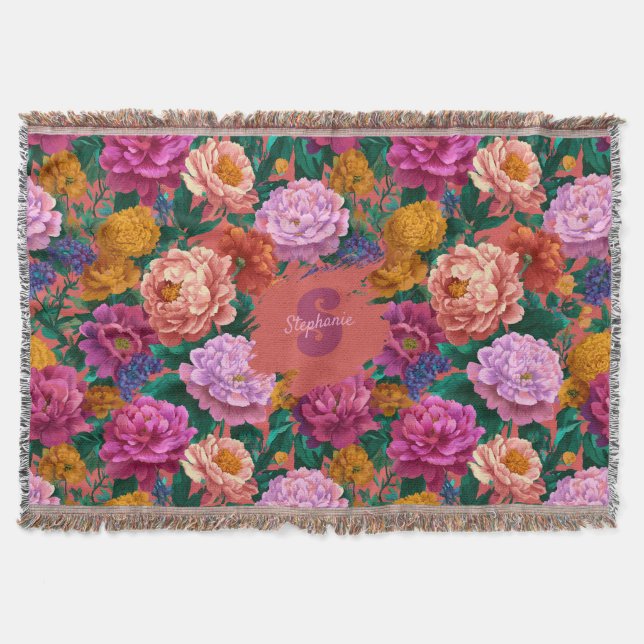 Vintage Colourful Peony Pattern Throw Blanket (Front)