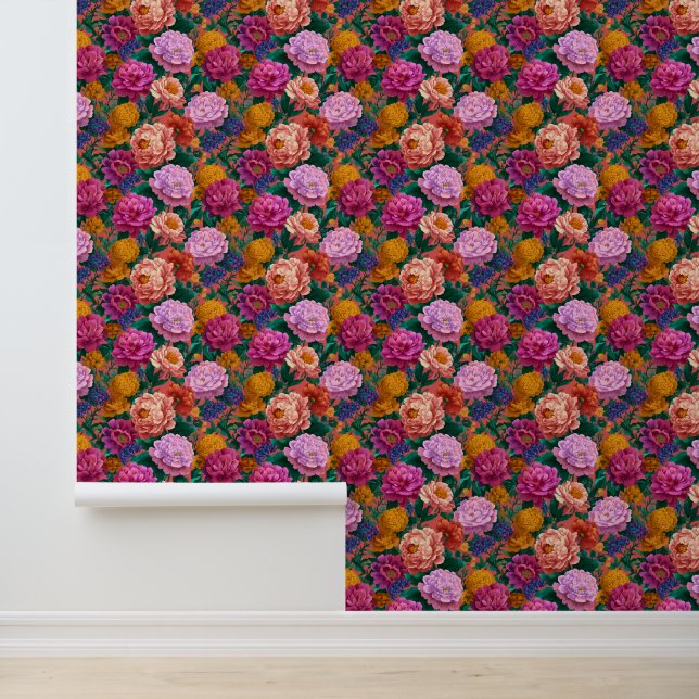 Vintage Colourful Peony Pattern Wallpaper (Application)