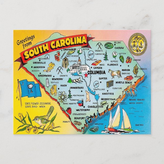 Vintage Colourful South Carolina Map Postcard (Front)