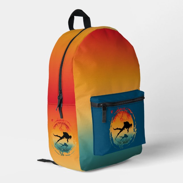 Vintage Colourful Sunset Silhouette Scuba Diver Printed Backpack (Back Corner Left)