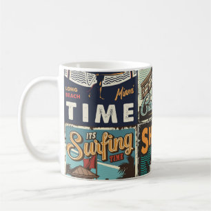 Vintage colourful surfing posters set with surf bu coffee mug