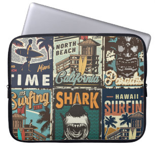 Vintage colourful surfing posters set with surf bu laptop sleeve