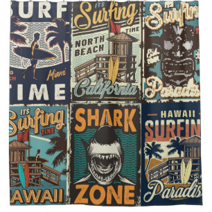Vintage colourful surfing posters set with surf bu shower curtain
